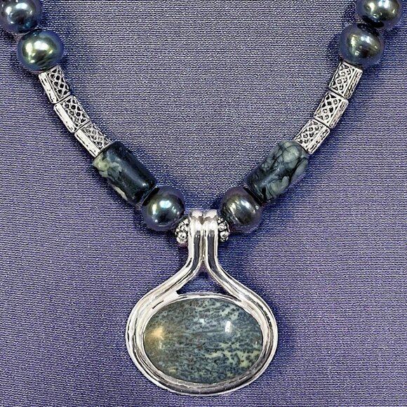 Vintage DENDRITIC AGATE 925 Silver Pendant Necklace Earring Set Parure - Picture 8 of 11